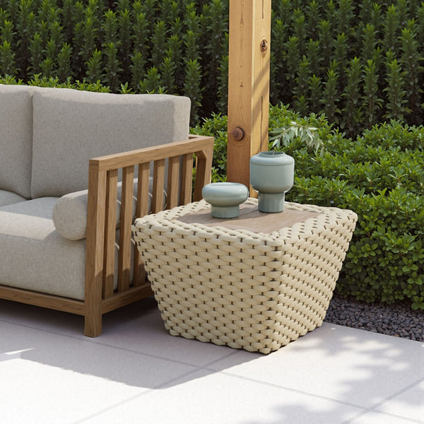 HomeRoots 24" Stylish Natural & White Solid Wood Outdoor Coffee Table with Wicker Accents for Versatile Use 668156
