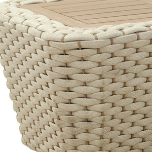 HomeRoots 24" Stylish Natural & White Solid Wood Outdoor Coffee Table with Wicker Accents for Versatile Use 668156