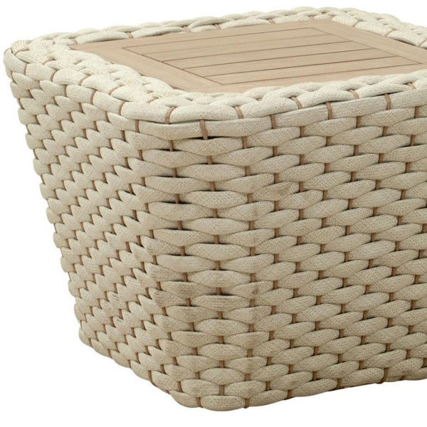 HomeRoots 24" Stylish Natural & White Solid Wood Outdoor Coffee Table with Wicker Accents for Versatile Use 668156