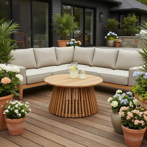 HomeRoots 32" Natural Rounded Solid Wood Coffee Table - Elegant Acacia Design for Outdoor Living Spaces 668158