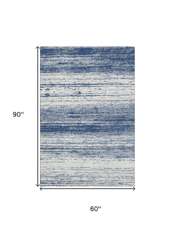 HomeRoots 5' Navy Blue & Ivory Striped Washable Area Rug - UV Protected, Stain Resistant for High Traffic Areas 668159
