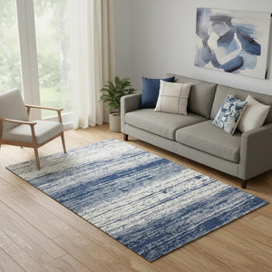 HomeRoots 5' Navy Blue & Ivory Striped Washable Area Rug - UV Protected, Stain Resistant for High Traffic Areas 668159