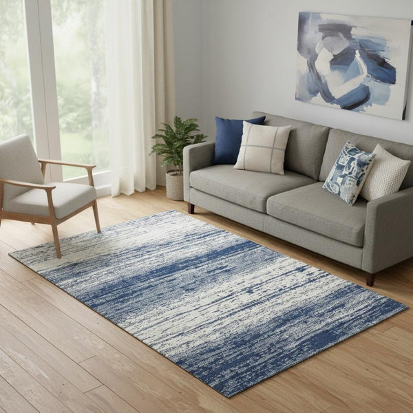 HomeRoots 5' Navy Blue & Ivory Striped Washable Area Rug - UV Protected, Stain Resistant for High Traffic Areas 668159