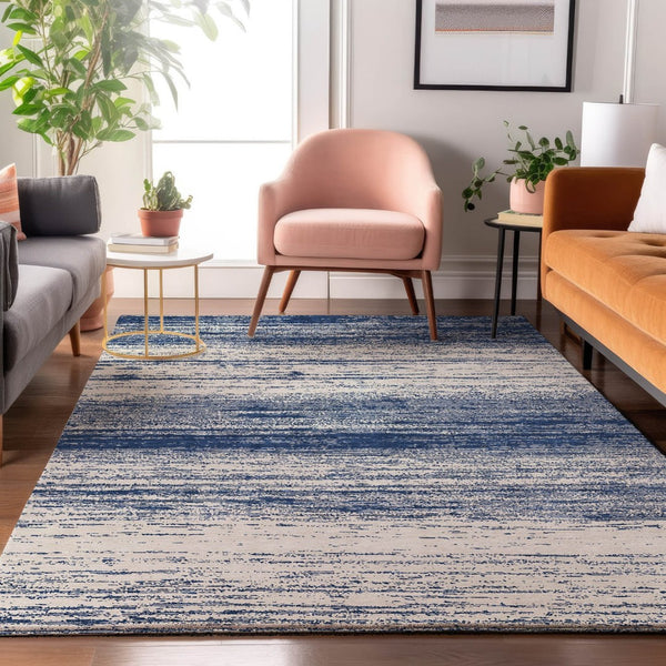 HomeRoots 5' Navy Blue & Ivory Striped Washable Area Rug - UV Protected, Stain Resistant for High Traffic Areas 668159