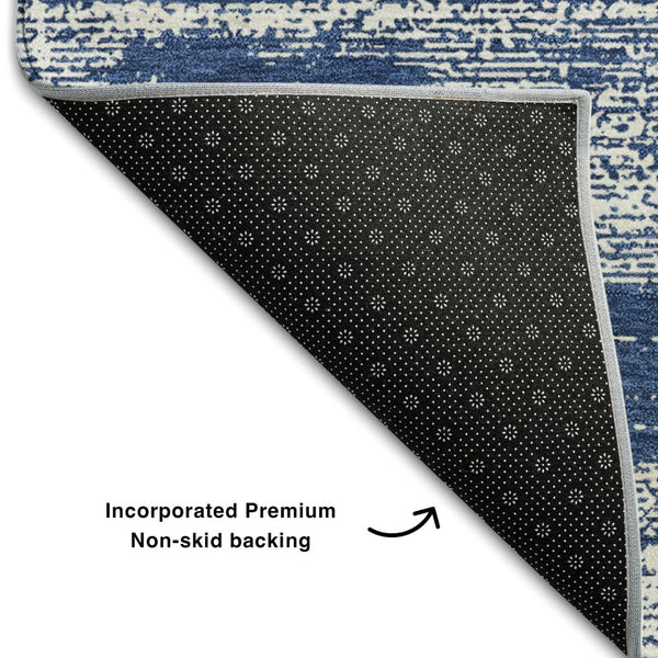 HomeRoots 5' Navy Blue & Ivory Striped Washable Area Rug - UV Protected, Stain Resistant for High Traffic Areas 668159