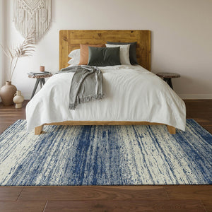 HomeRoots 5' Navy Blue & Ivory Striped Washable Area Rug - UV Protected, Stain Resistant for High Traffic Areas 668159