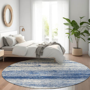 HomeRoots 8' Navy Blue and Ivory Striped Washable Round Rug - UV Protected, Durable, Perfect for High-Traffic Areas 668160