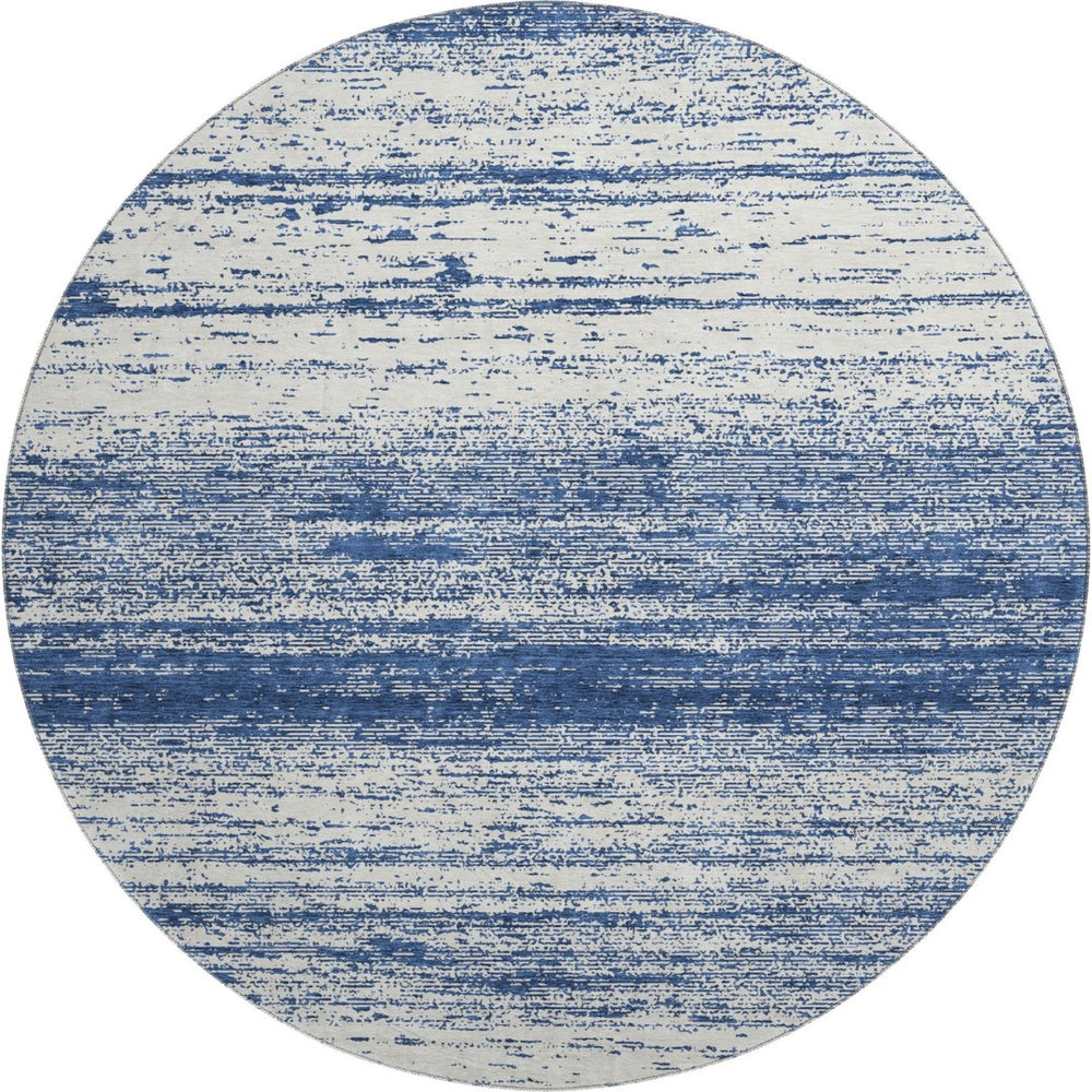 HomeRoots 8' Navy Blue and Ivory Striped Washable Round Rug - UV Protected, Durable, Perfect for High-Traffic Areas 668160