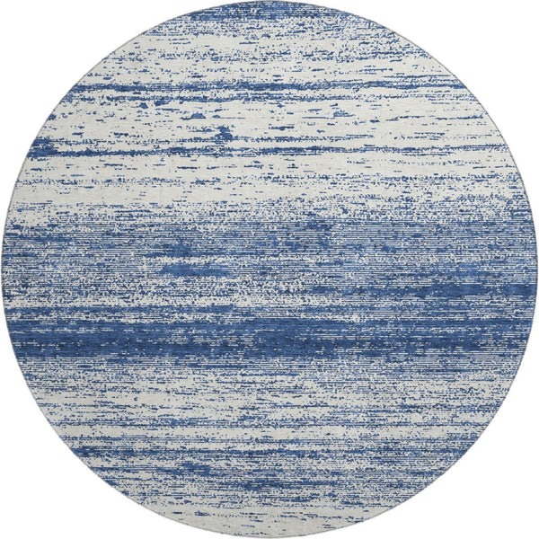 HomeRoots 8' Navy Blue and Ivory Striped Washable Round Rug - UV Protected, Durable, Perfect for High-Traffic Areas 668160