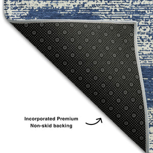 HomeRoots 8' Navy Blue and Ivory Striped Washable Round Rug - UV Protected, Durable, Perfect for High-Traffic Areas 668160