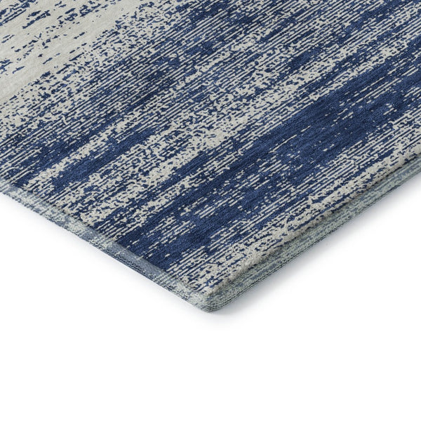 HomeRoots 8' Navy Blue and Ivory Striped Washable Round Rug - UV Protected, Durable, Perfect for High-Traffic Areas 668160