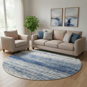 HomeRoots 8' Navy Blue and Ivory Striped Washable Round Rug - UV Protected, Durable, Perfect for High-Traffic Areas 668160
