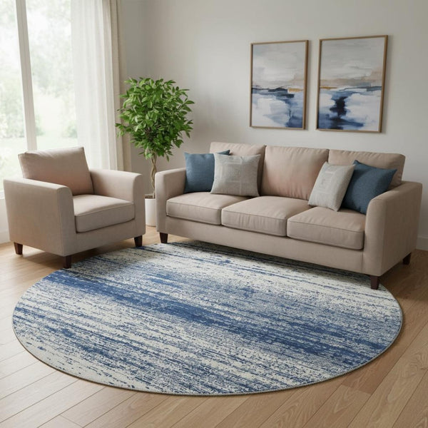 HomeRoots 8' Navy Blue and Ivory Striped Washable Round Rug - UV Protected, Durable, Perfect for High-Traffic Areas 668160
