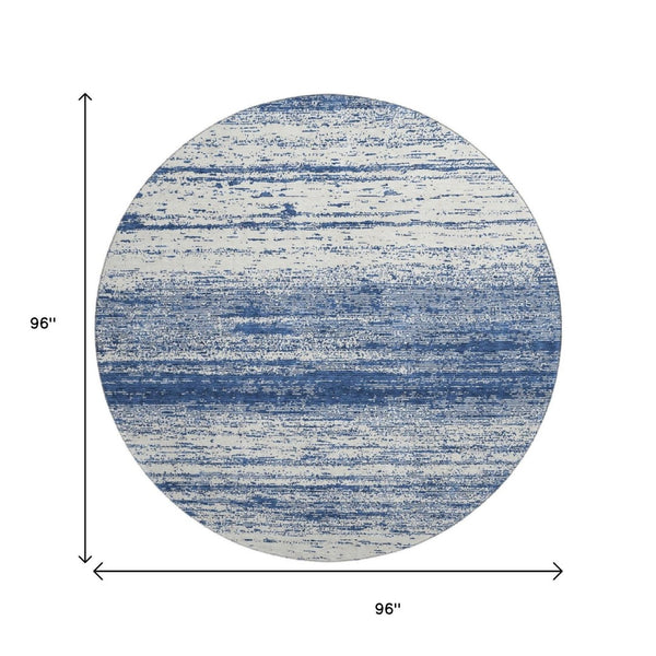 HomeRoots 8' Navy Blue and Ivory Striped Washable Round Rug - UV Protected, Durable, Perfect for High-Traffic Areas 668160