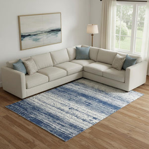 HomeRoots 8' X 10' Navy Blue Striped Area Rug - Washable, UV Protected, Stain Resistant, Perfect for Any Room! 668161