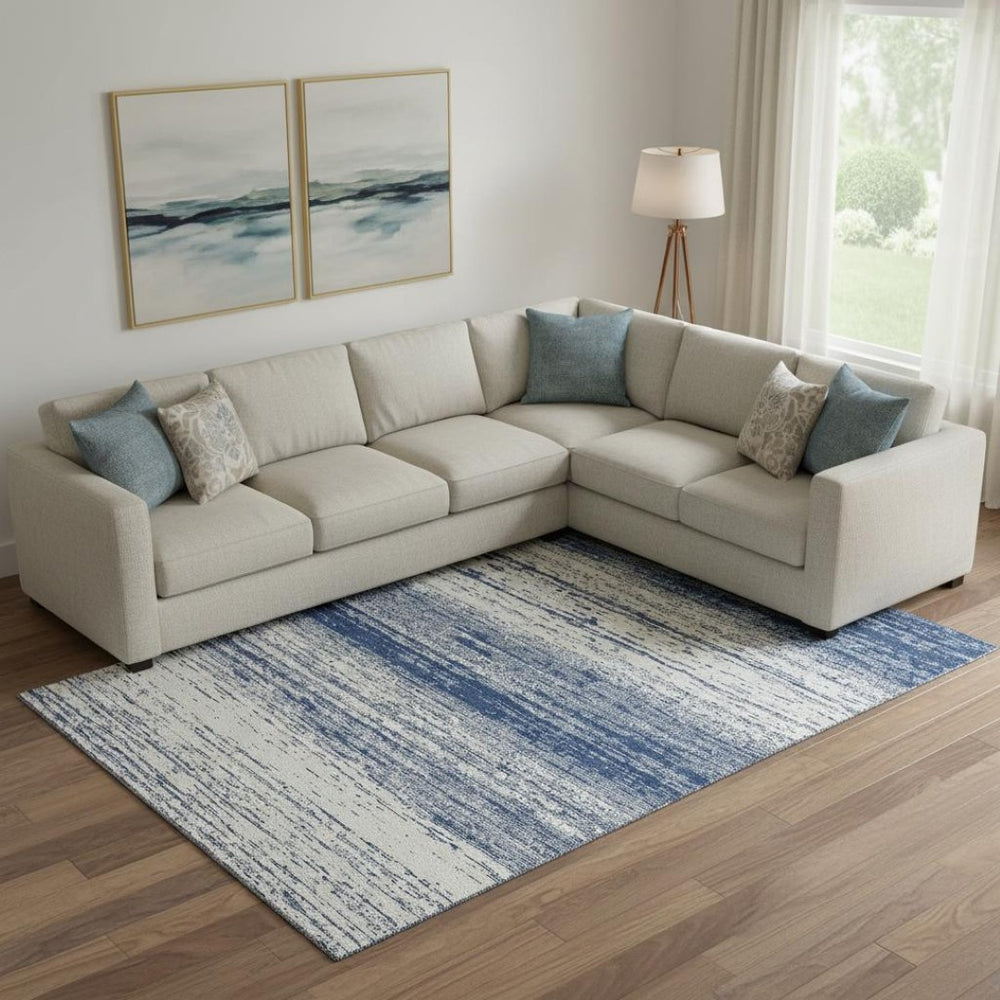 HomeRoots 9' X 12' Navy Blue & Ivory Striped Area Rug - Stain Resistant, UV Protected, Durable, Washable Design 668162