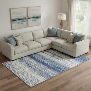 HomeRoots 9' X 12' Navy Blue & Ivory Striped Area Rug - Stain Resistant, UV Protected, Durable, Washable Design 668162