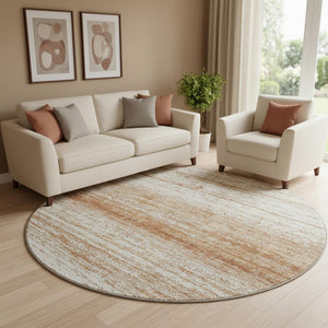 HomeRoots 8' Durable Rust And Beige Striped Washable Round Rug With UV Protection For Homes With Kids & Pets 668166