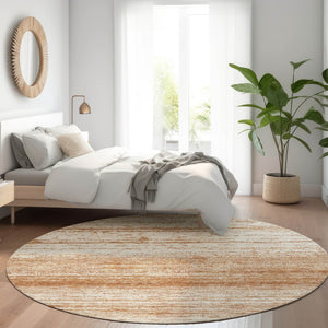 HomeRoots 8' Durable Rust And Beige Striped Washable Round Rug With UV Protection For Homes With Kids & Pets 668166