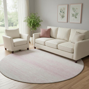 HomeRoots 8' Pink and Ivory Striped Round Rug - Washable, UV Protected, Durable, Perfect for Kids & Pets! 668172