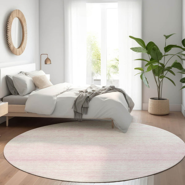 HomeRoots 8' Pink and Ivory Striped Round Rug - Washable, UV Protected, Durable, Perfect for Kids & Pets! 668172