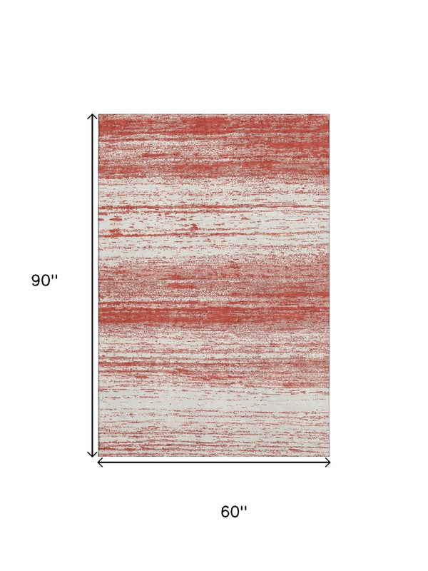 HomeRoots 5' X 8' Red And Ivory Striped Area Rug - Washable, UV-Protected, Stain-Resistant for Everyday Use 668177