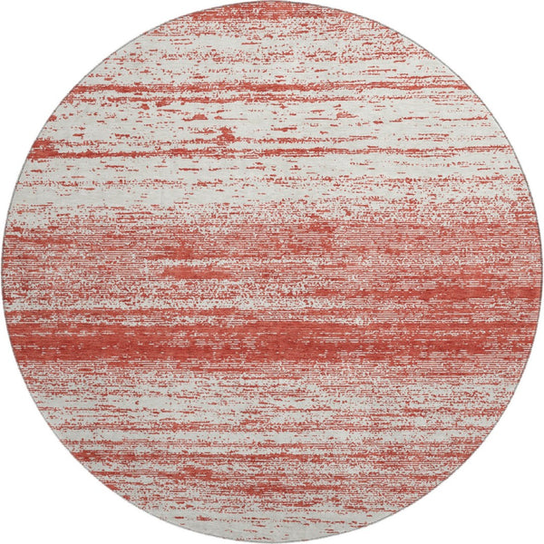 HomeRoots 8' Red And Ivory Striped Round Rug – Washable, Stain Resistant, UV Protected for Active Homes 668178