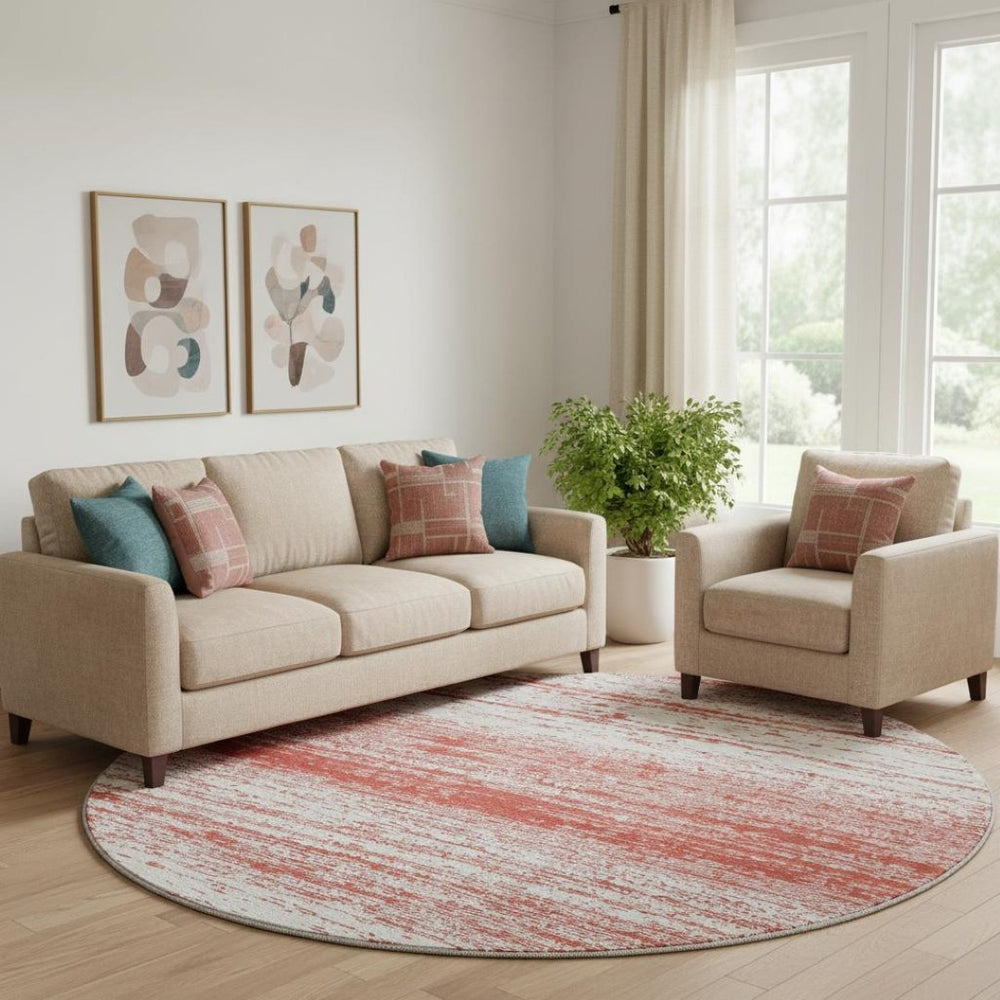 HomeRoots 8' Red And Ivory Striped Round Rug – Washable, Stain Resistant, UV Protected for Active Homes 668178