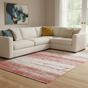 HomeRoots 8' X 10' Striped Red & Ivory Washable Area Rug – Durable, UV Protected, Perfect for Busy Homes! 668179