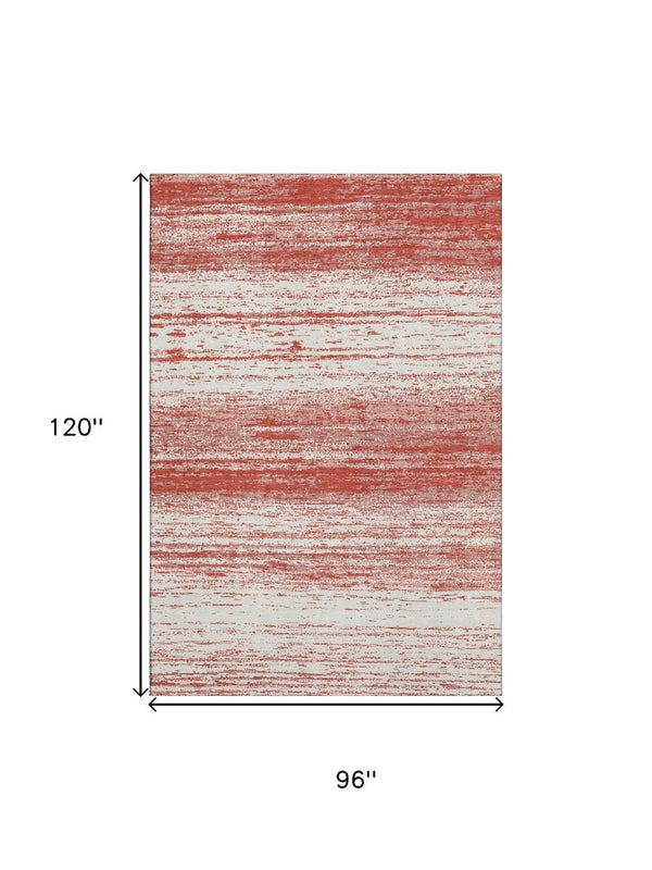 HomeRoots 8' X 10' Striped Red & Ivory Washable Area Rug – Durable, UV Protected, Perfect for Busy Homes! 668179