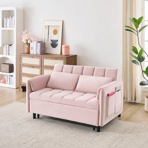 English Elm 52 Pink Modern Velvet Sofa Bed 3-in-1 Convertible Loveseat with Pillows, Pockets, Metal Legs, Compact Design W1658P266338
