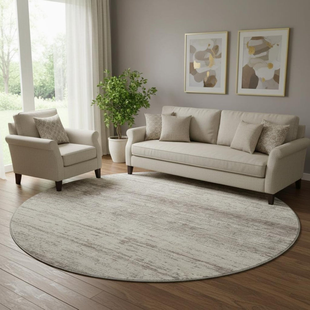 HomeRoots 8' Durable Taupe and Beige Striped Round Rug – Washable, UV Protected, Perfect for High-Traffic Areas! 668190