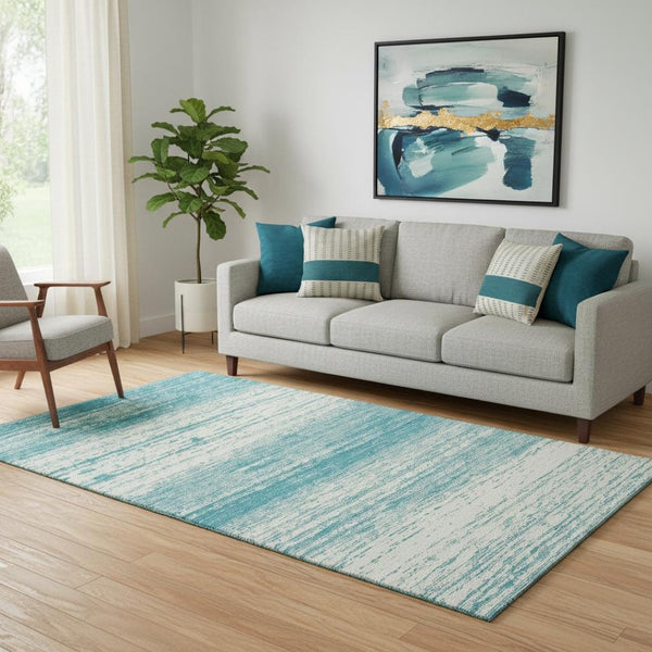 HomeRoots 5' X 8' Stylish Teal & Ivory Striped Area Rug - Washable, UV Protected, Durable for Any Space! 668195