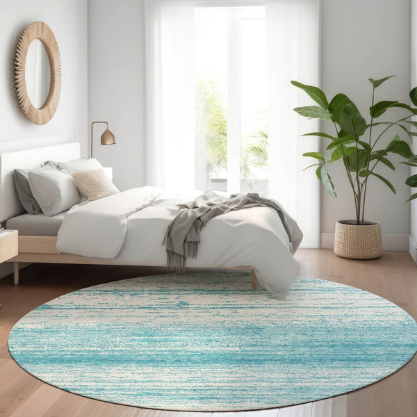 HomeRoots 8' Teal and Ivory Striped Round Rug - Washable, UV-Protected, Durable Design for Indoor & Outdoor Use 668196