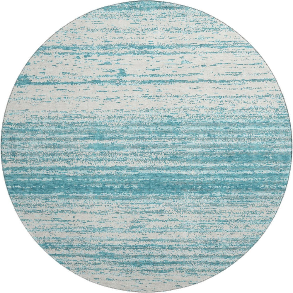 HomeRoots 8' Teal and Ivory Striped Round Rug - Washable, UV-Protected, Durable Design for Indoor & Outdoor Use 668196