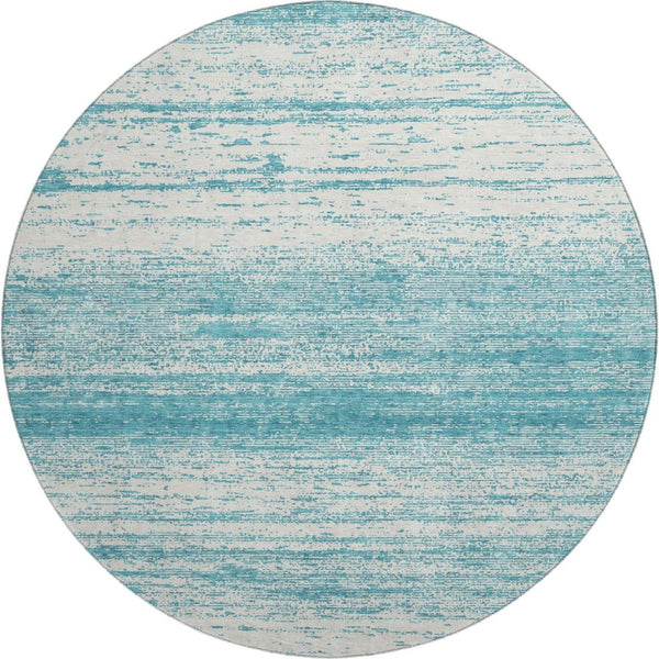 HomeRoots 8' Teal and Ivory Striped Round Rug - Washable, UV-Protected, Durable Design for Indoor & Outdoor Use 668196