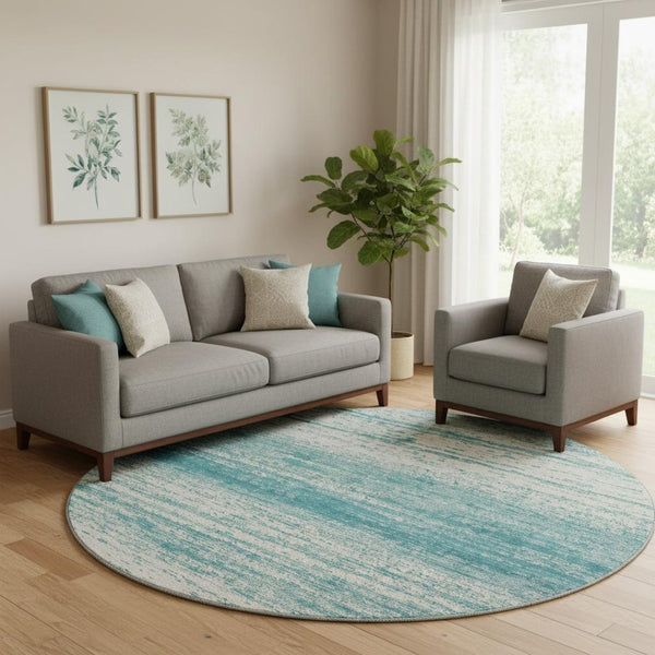 HomeRoots 8' Teal and Ivory Striped Round Rug - Washable, UV-Protected, Durable Design for Indoor & Outdoor Use 668196