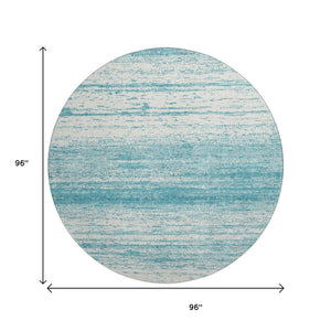 HomeRoots 8' Teal and Ivory Striped Round Rug - Washable, UV-Protected, Durable Design for Indoor & Outdoor Use 668196
