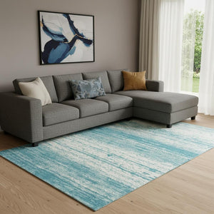 HomeRoots 8' X 10' Teal and Ivory Striped Area Rug - Washable, UV Protected, Perfect for Busy Homes & Outdoors! 668197