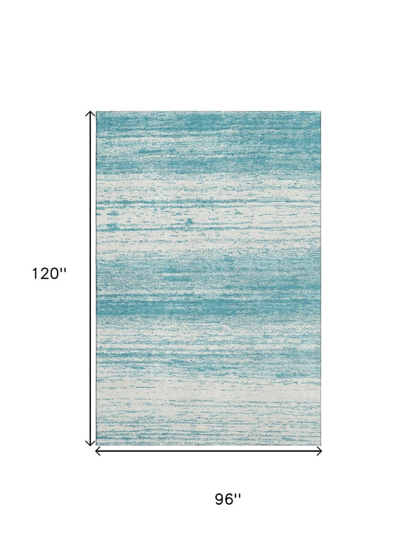 HomeRoots 8' X 10' Teal and Ivory Striped Area Rug - Washable, UV Protected, Perfect for Busy Homes & Outdoors! 668197