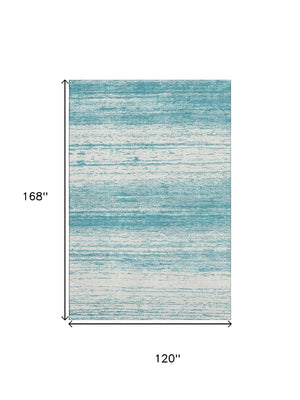 HomeRoots 10' X 14' Teal and Ivory Striped Area Rug - Durable, Washable, UV-Protected for Coastal Living Spaces 668199