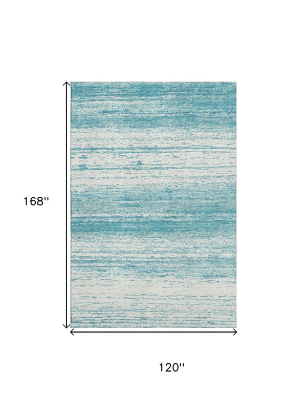 HomeRoots 10' X 14' Teal and Ivory Striped Area Rug - Durable, Washable, UV-Protected for Coastal Living Spaces 668199