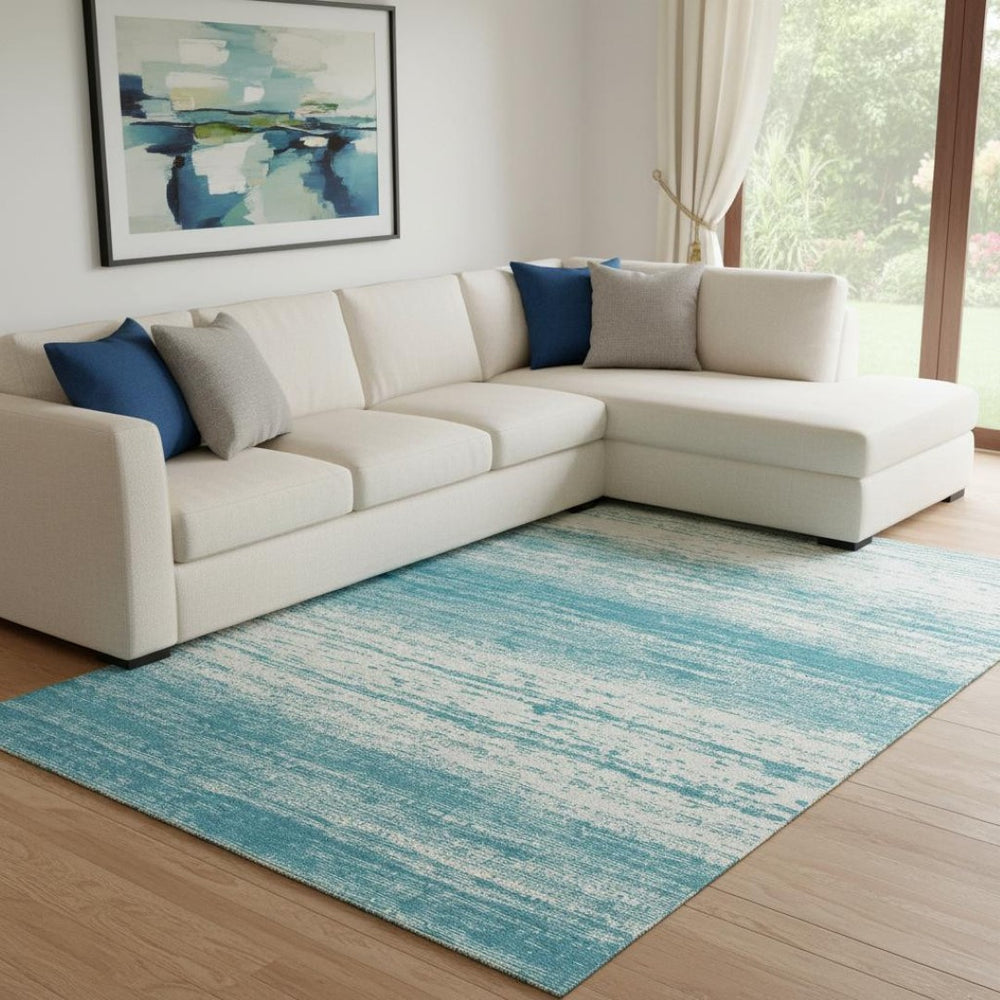 HomeRoots 10' X 14' Teal and Ivory Striped Area Rug - Durable, Washable, UV-Protected for Coastal Living Spaces 668199