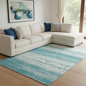 HomeRoots 10' X 14' Teal and Ivory Striped Area Rug - Durable, Washable, UV-Protected for Coastal Living Spaces 668199