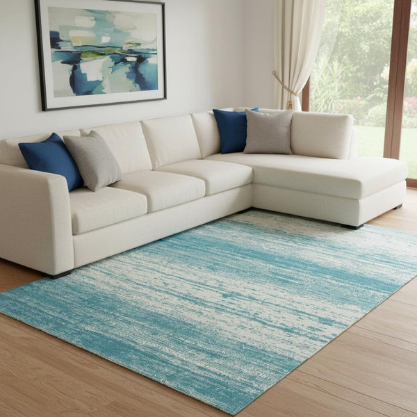 HomeRoots 10' X 14' Teal and Ivory Striped Area Rug - Durable, Washable, UV-Protected for Coastal Living Spaces 668199