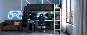 English Elm Full Size Gaming Loft Bed with Led Lighting Desk Shelves and Usb Charging Ports N820S00071C