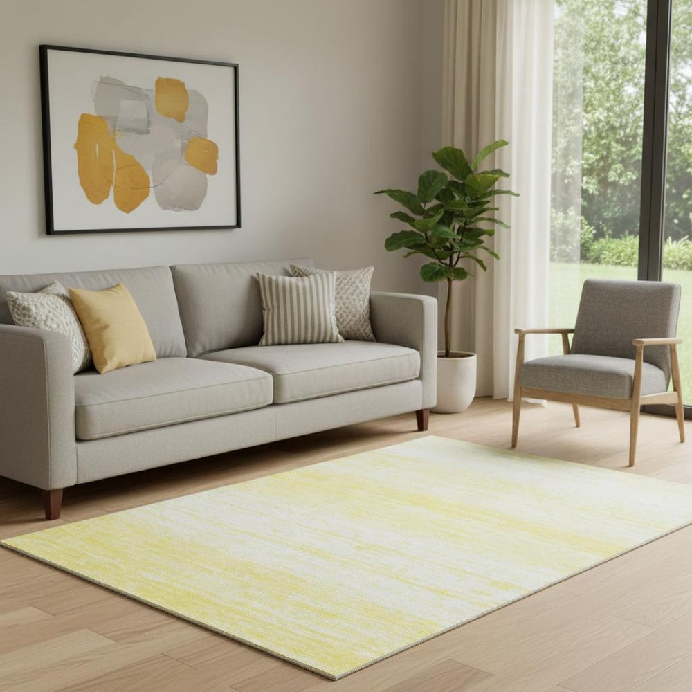 HomeRoots 5' X 8' Striped Yellow & Ivory Area Rug - Washable, UV-Protected, Stain-Resistant for Indoor & Outdoor Use 668201
