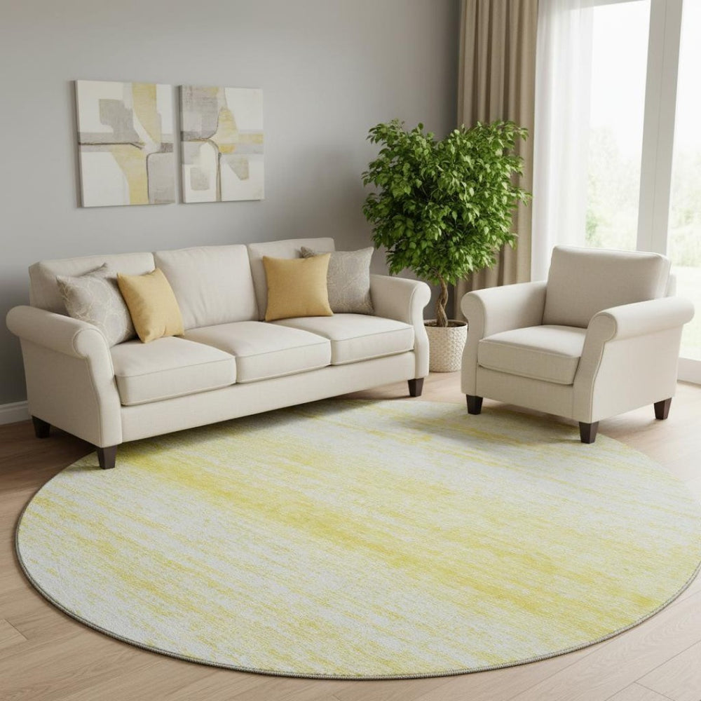HomeRoots 8' Yellow and Ivory Striped Round Rug - Washable, UV-Protected, Durable, Perfect for Any Room! 668202