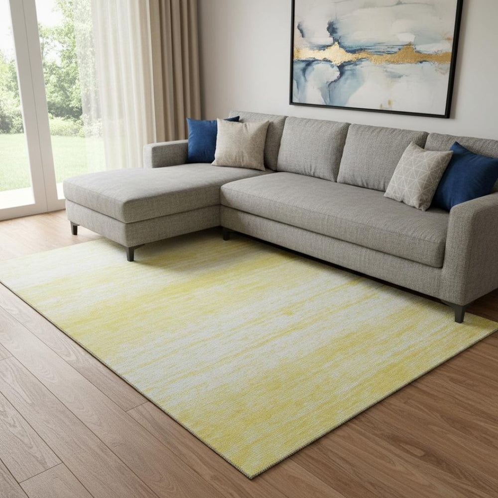 HomeRoots 9' X 12' Yellow Striped Area Rug - Washable, UV-Protected, Durable for High-Traffic Living Spaces 668204
