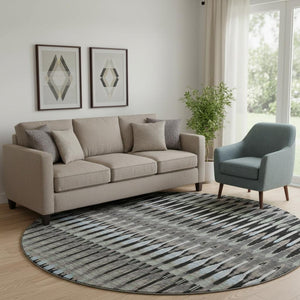 HomeRoots 8' Southwestern Round Rug in Black, Gray & Blue - Washable, UV-Protected, Durable for High-Traffic Areas 668214